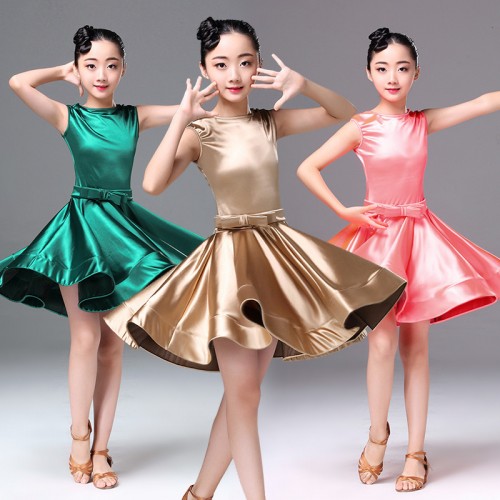 Gold Satin girls kids children ballroom dancing dresses kids children stage performance competition latin salsa chacha rumba dance dresses